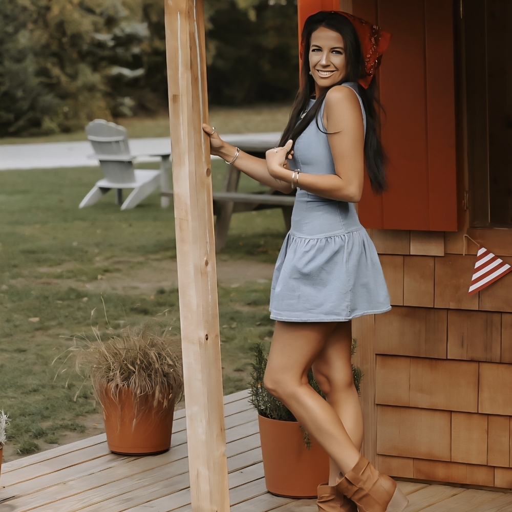 Sleeveless Denim Mini Dress in Blue - Picture 2 of 6